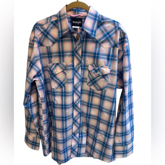 Wrangler Blue and Pink Plaid Shirt Size L Breast Cancer Awareness - Picture 1 of 4